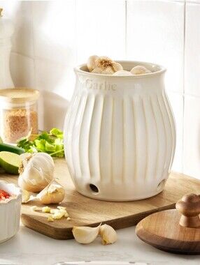 💙 2026 Garlic Keeper By The Pioneer Woman Colette Linen with Wooden Lid
